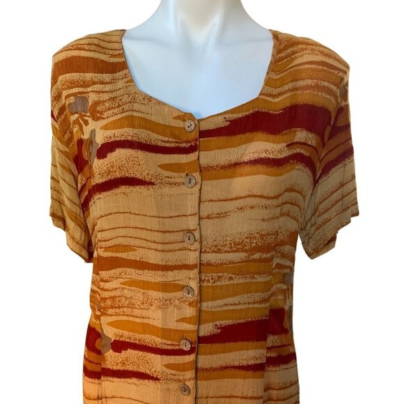 Vintage 90s Maxi Dress Abstract Watercolor Floral Tie Back Size Medium Rust Must - Picture 2 of 8